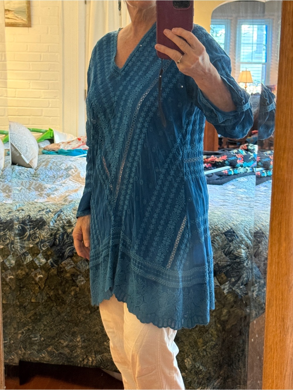 Simply gorgeous Johnny Was Teal Blue Embroidered V-Neck Tunic